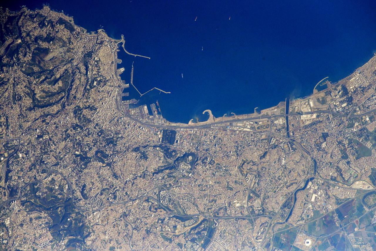 iss064e038919 (Feb. 28, 2021) --- The city of Algiers on the Mediterranean coast was pictured from the International Space Station as it orbited 262 miles above the African nation of Algeria. Credit: Roscosmos