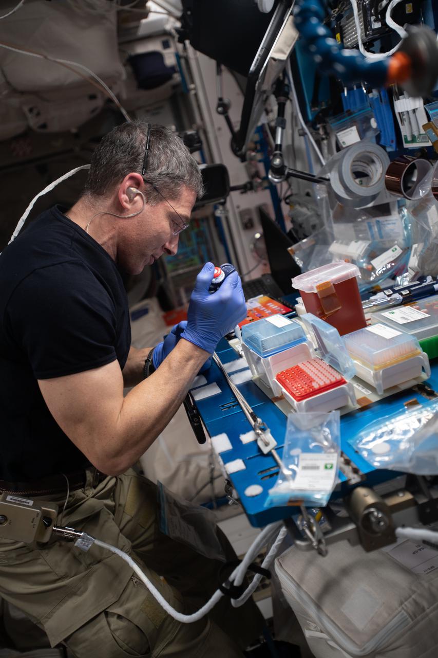 iss064e039273 (March 2, 2021) --- NASA astronaut and Expedition 64 Flight Engineer Michael Hopkins loads protein crystallography plates with protein solutions for the Phase II Real-time Protein Crystal Growth experiment, a space commercialization study, that could benefit the pharmaceutical and biotechnology industries.