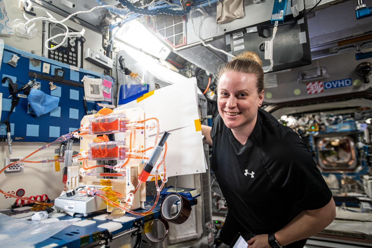 iss064e049288 (March 30, 2021) --- NASA astronaut and Expedition 64 Flight Engineer Kate Rubins works botany research for the Plant Water Management experiment that is testing hydroponics as a way to support space agriculture.