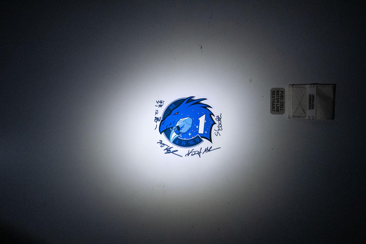 iss064e052209 (April 4, 2021) --- The SpaceX Crew-1 mission insignia is affixed to the vestibule between the Crew Dragon spacecraft and the Harmony module's forward international docking adapter. Surrounding the mission sticker are the signatures of Crew-1 members Michael Hopkins, Victor Glover and Shannon Walker (all from NASA), and Soichi Noguchi of the Japan Aerospace Exploration Agency.