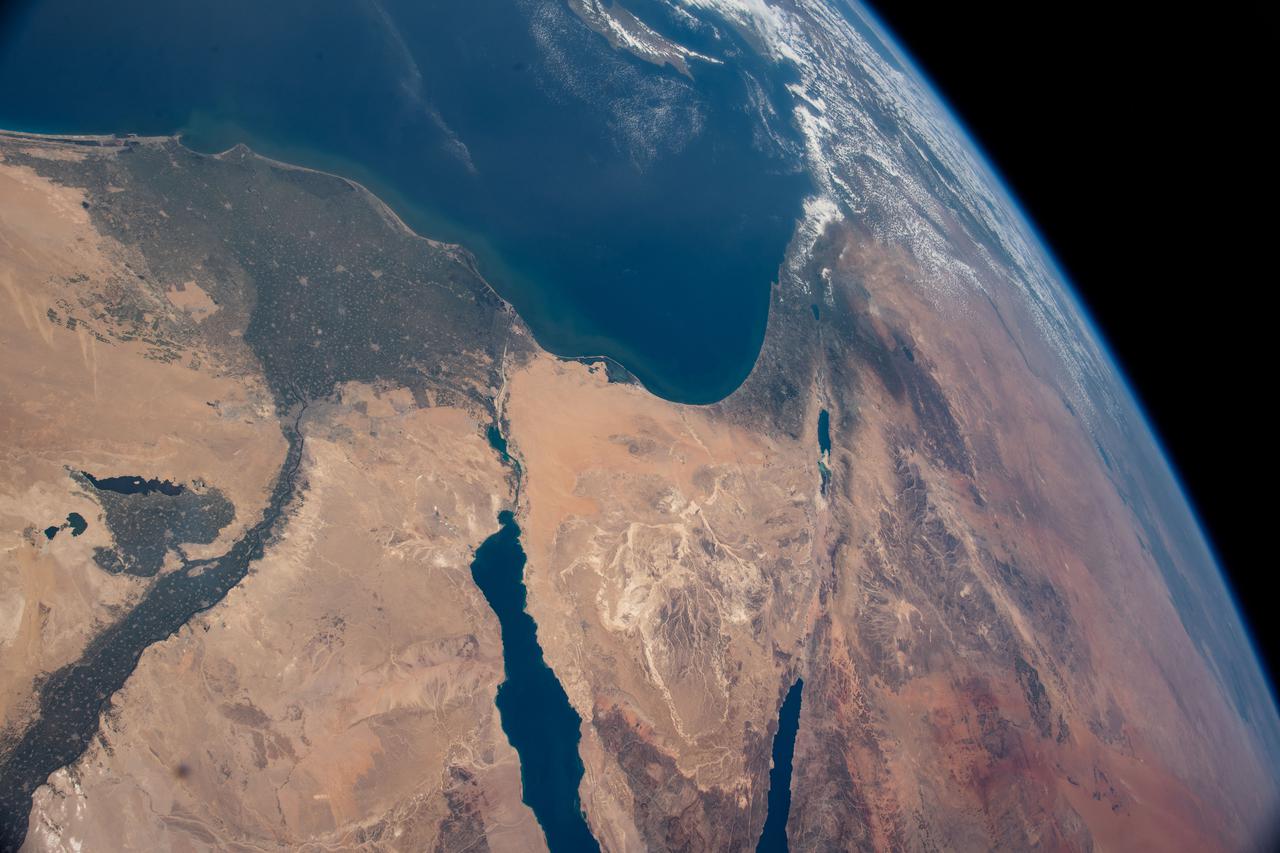 iss064e052447 (April 4, 2021) --- The Nile Delta, The Sinai Peninsula, and The Mediterranean Sea are pictured in the Middle East from the International Space Station as it orbited 263 miles above Egypt.