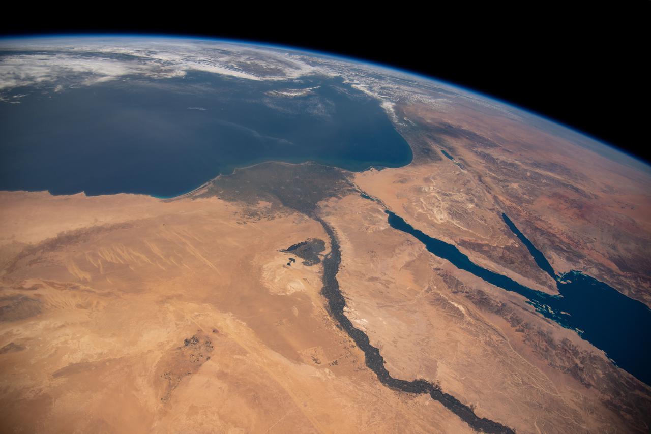 iss064e053173 (April 4, 2021) --- The Nile River, The Red Sea, The Gulf of Oman, The Gulf of Aqaba, and The Mediterranean Sea are pictured in the Middle East from the International Space Station as it orbited 263 miles above Egypt.