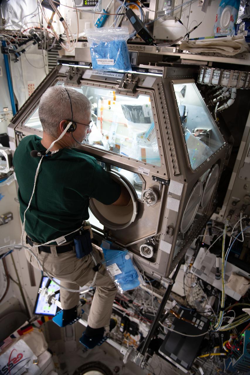 iss065e018996 (May 4, 2021) --- NASA astronaut and Expedition 65 Flight Engineer Mark Vande Hei works inside the Life Science Glovebox (LSG) for the Celestial Immunity study that may provide insights into new vaccines and drugs possibly advancing the commercialization of space. The LSG is located in the Kibo laboratory module from the Japan Aerospace Exploration Agency.