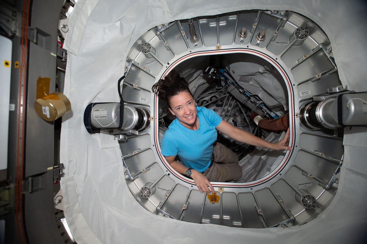 iss065e045904 (May 17, 2021) --- NASA astronaut and Expedition 65 Flight Engineer Megan McArthur is pictured inside BEAM, the Bigelow Expandable Activity Module.