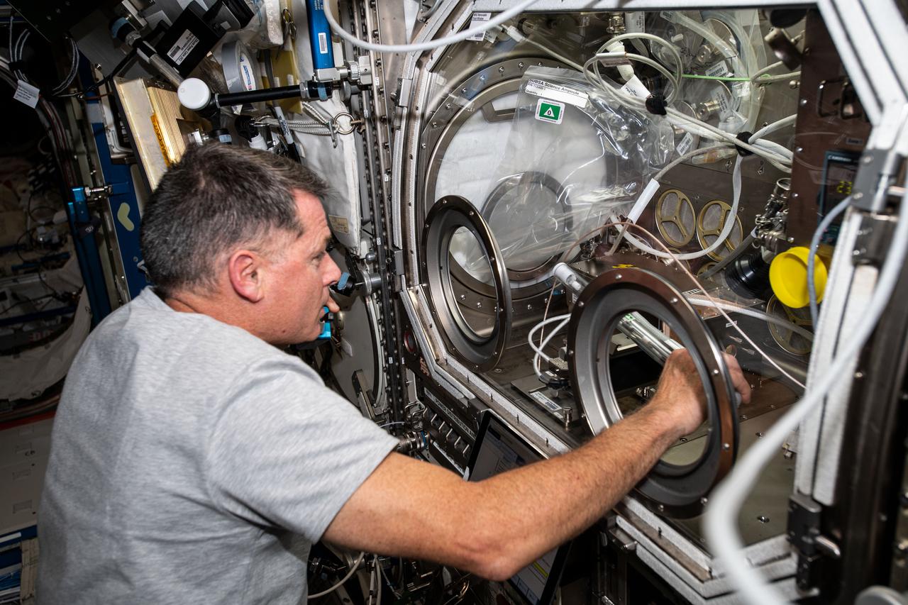 iss065e050120 (May 21, 2021) --- NASA astronaut and Expedition 65 Flight Engineer Shane Kimbrough swaps samples inside the Microgravity Science Glovebox for an experiment called Solidification Using a Baffle in Sealed Ampoules, or SUBSA. The physics investigation explores experimental methods of crystallizing melts in microgravity and is expected to result in reduced fluid motion in the melt, leading to better distribution of subcomponents and the potential for improved technology used in producing semiconductor crystals.