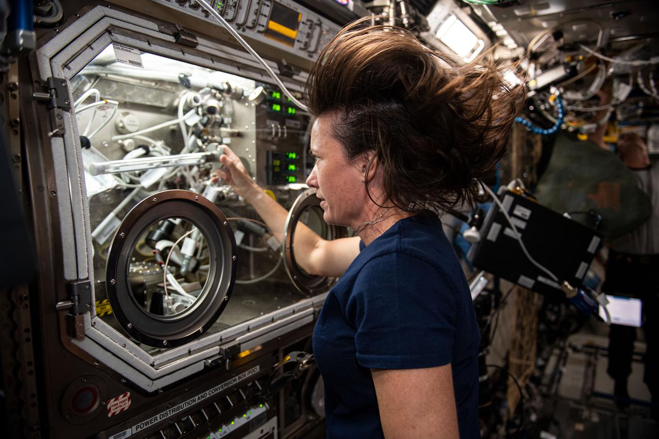 iss065e061407 (May 24, 2021) --- NASA astronaut and Expedition 65 Flight Engineer Megan McArthur works in the Microgravity Science Glovebox swapping samples for an experiment called Solidification Using a Baffle in Sealed Ampoules, or SUBSA. The physics investigation explores experimental methods of crystallizing melts in microgravity and is expected to result in reduced fluid motion in the melt, leading to better distribution of subcomponents and the potential for improved technology used in producing semiconductor crystals.