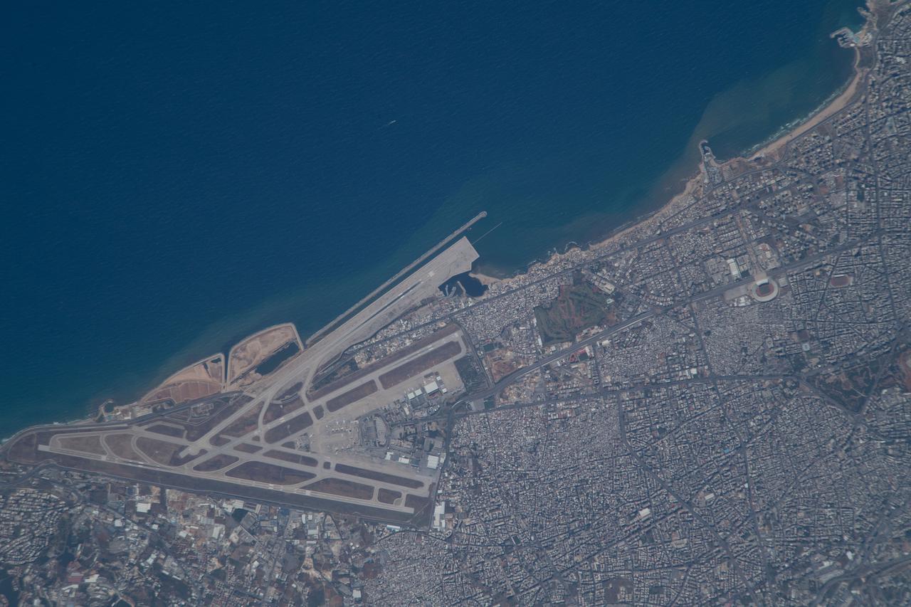 iss065e078580 (May 29, 2021) --- Lebanon's Beirut-Rafic Hariri International Airport on the Mediterranean coast is pictured from the International Space Station as it orbited 261 miles above the Middle Eastern nation.