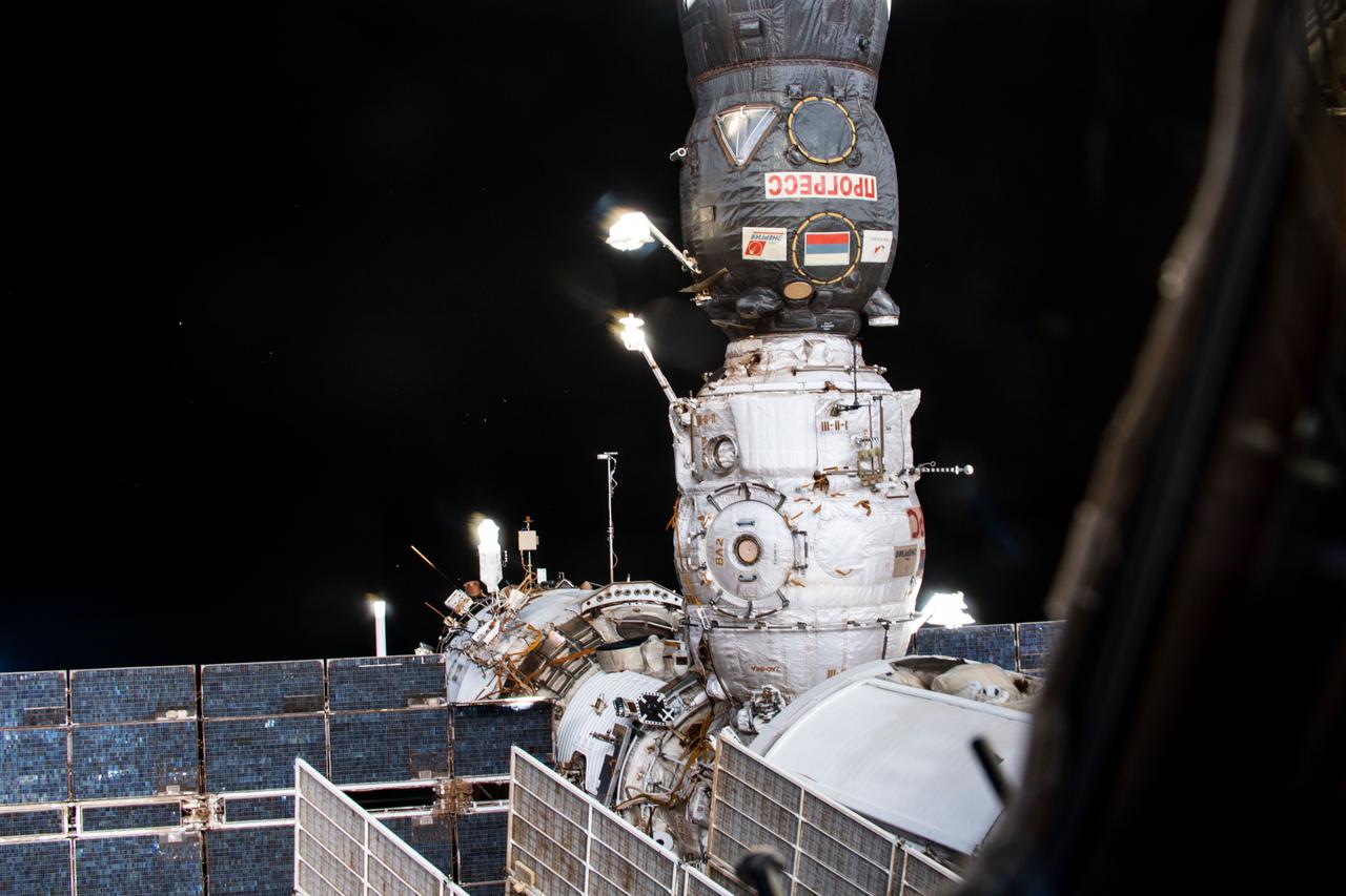 iss065e085418 (June 2, 2021) --- Russia's ISS Progress 77 (77P) cargo craft is pictured docked to the Pirs docking compartment on the International Space Station's Russian segment. The 77P will remove Pirs from the Zarya service module's Earth-facing port later this summer after 20 years attached to the orbiting lab opening up the port for Russia's new Nauka multipurpose laboratory module due to arrive shortly afterward.