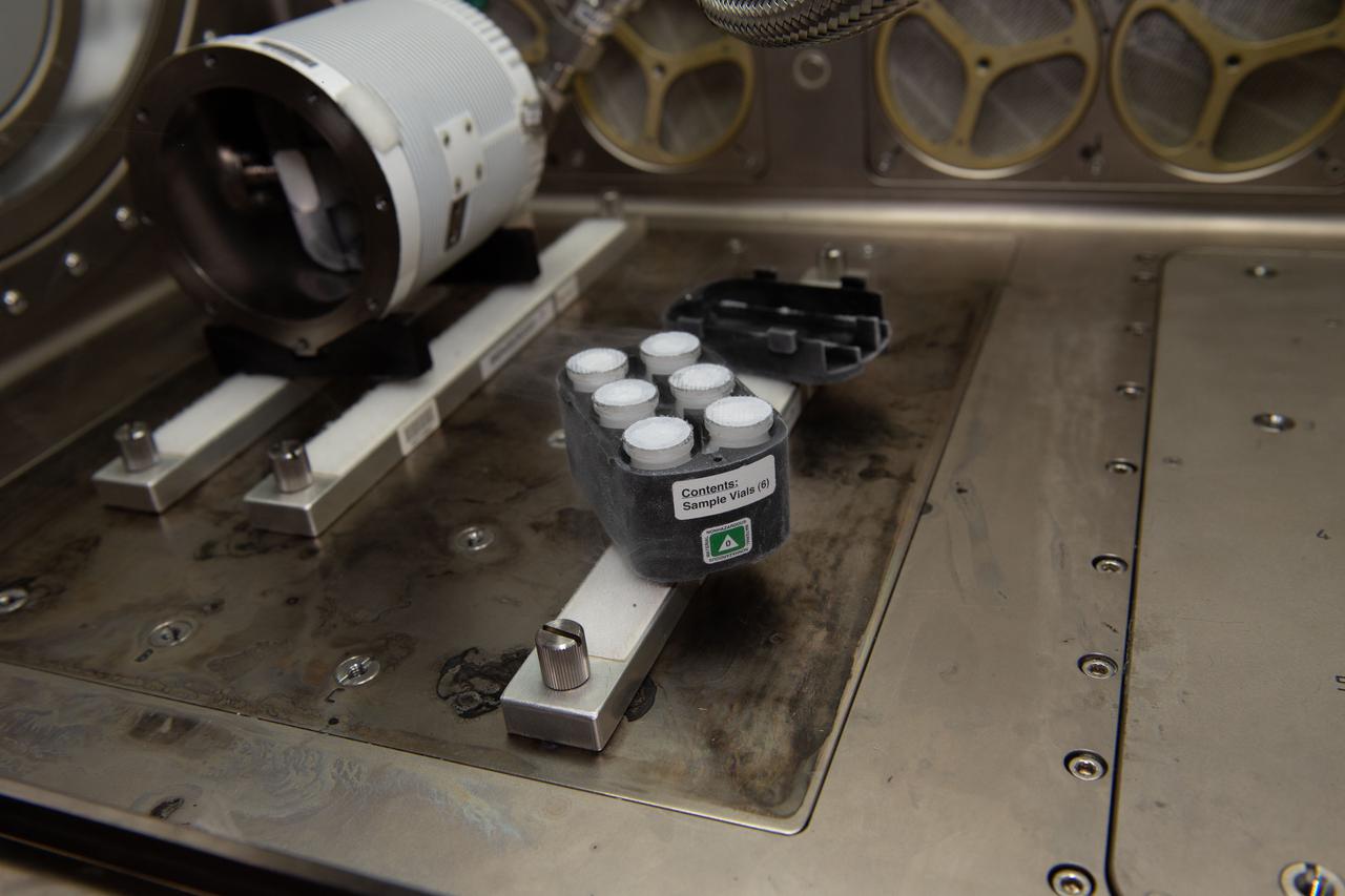 iss065e094347 (6/10/2021) --- A view of vials from the Lyophilization-2 investigation aboard the International Space Station (ISS). Lyophilization-2 in Microgravity (Lyophilization-2) examines gravity’s effects on freeze-dried materials. Lyophilization, or freeze-drying, is a common method for formulating pharmaceuticals with improved chemical and physical stability.