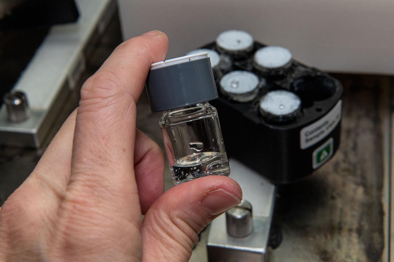 iss065e096014 (6/11/2021) --- A view of a vial from the Lyophilization-2 investigation aboard the International Space Station (ISS). Lyophilization-2 in Microgravity (Lyophilization-2) examines gravity’s effects on freeze-dried materials. Lyophilization, or freeze-drying, is a common method for formulating pharmaceuticals with improved chemical and physical stability.