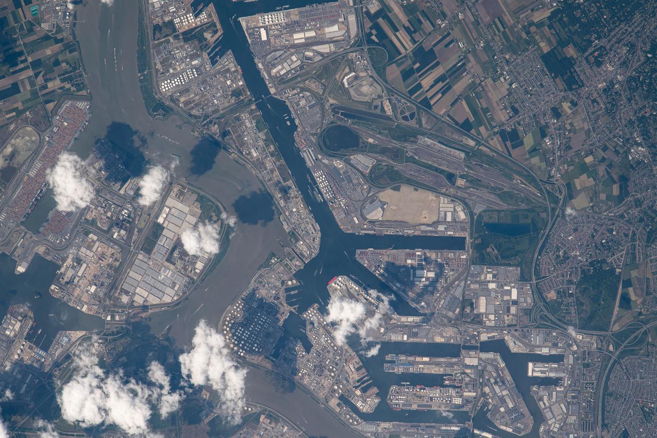 iss065e096050 (June 10, 2021) --- Antwerp, a Belgian port city in the River Scheldt, is pictured from the International Space Station as it orbited 263 miles above northern Europe.