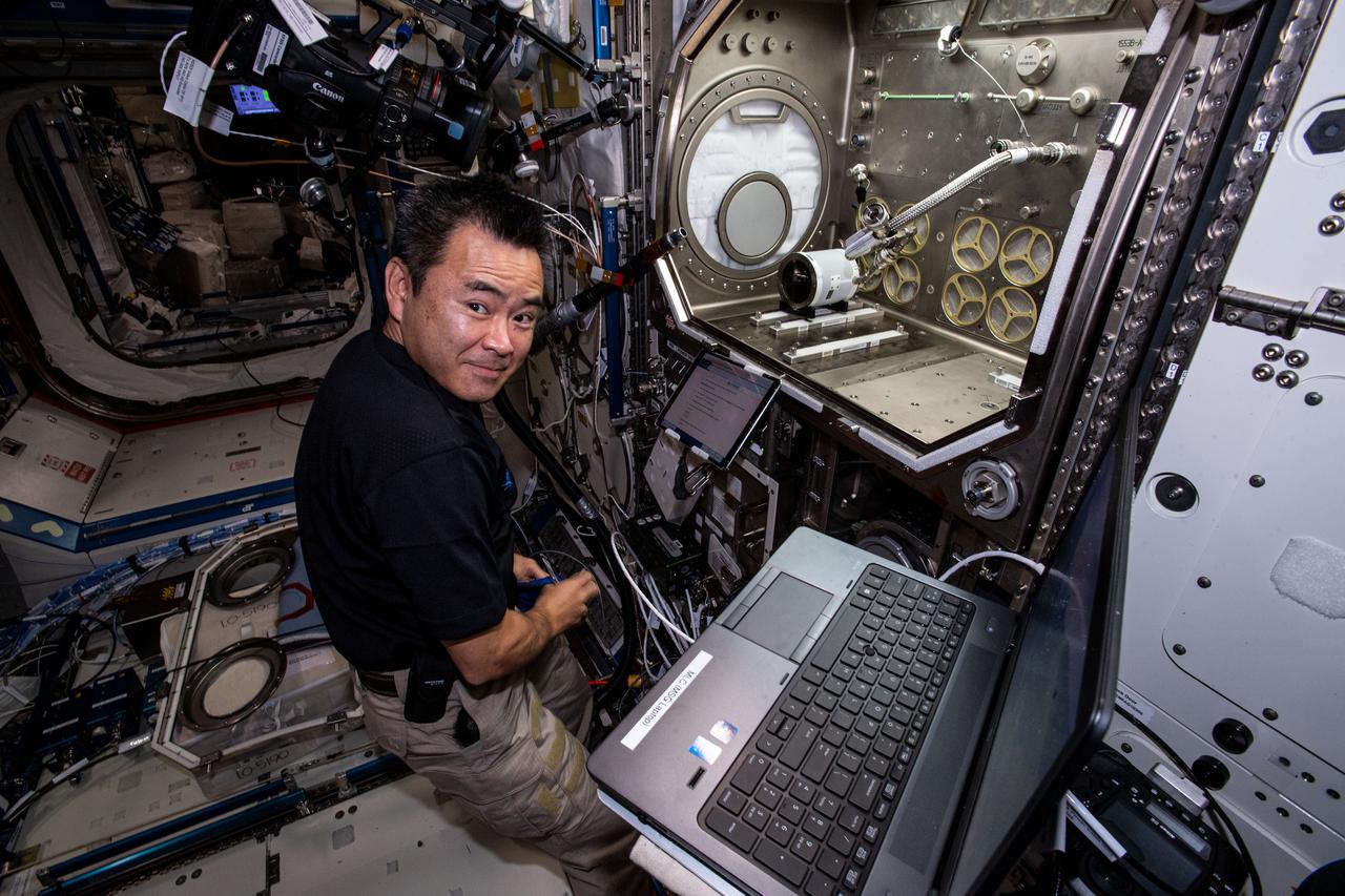 iss065e143164 (June 21, 2021) --- Expedition 65 Commander Akihiko Hoshide of the Japan Aerospace Exploration Agency (JAXA) works inside the Microgravity Science Glovebox conducting research for the Lyophilization-2 pharmaceutical experiment seeking to improve the quality and extend the shelf-life of medicines on Earth and in space.