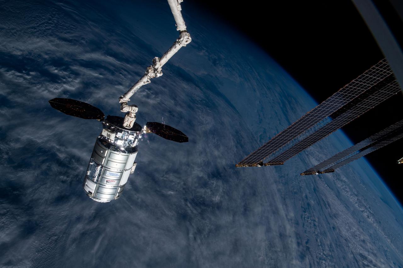 iss065e154183 (June 29, 2021) --- The Cygnus space freighter from Northrop Grumman is pictured in the grip of the Canadarm2 robotic arm moments before its release completing a four-month cargo mission at the International Space Station.