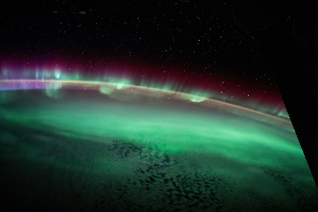 iss065e214198 (Aug. 2, 2021) --- The aurora australis streams across the Earth's atmosphere as the International Space Station orbited 271 miles above the southern Indian Ocean in between Asia and Antarctica.