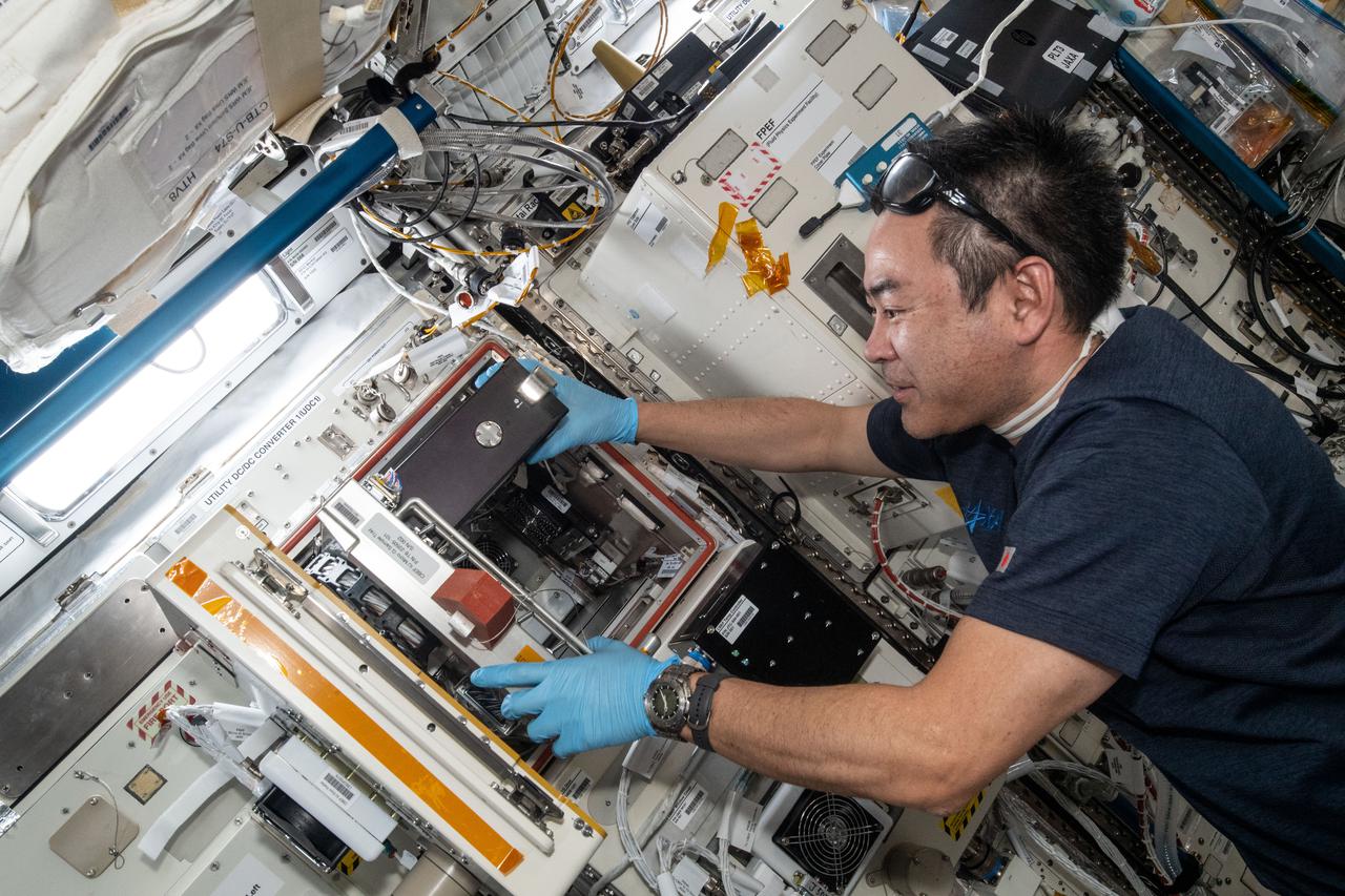 iss065e242205 (Aug. 13, 2021) --- Expedition 65 Commander Akihiko Hoshide of the Japan Aerospace Exploration Agency (JAXA) inserts cell samples into the Kibo laboratory module's Cell Biology Experiment Facility. The cells are being observed for how they adapt to weightlessness as part of the Cell Gravisensing muscle atrophy study.