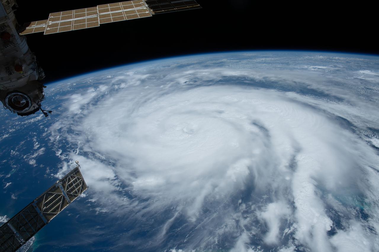 iss065e319769 (Aug. 28, 2021) --- Hurricane Ida is pictured as a category 2 storm from the International Space Station as it orbited 263 miles above the Gulf of Mexico. At upper left, is the Nauka multipurpose laboratory module docked to the Earth-facing port of the Zvezda service module.