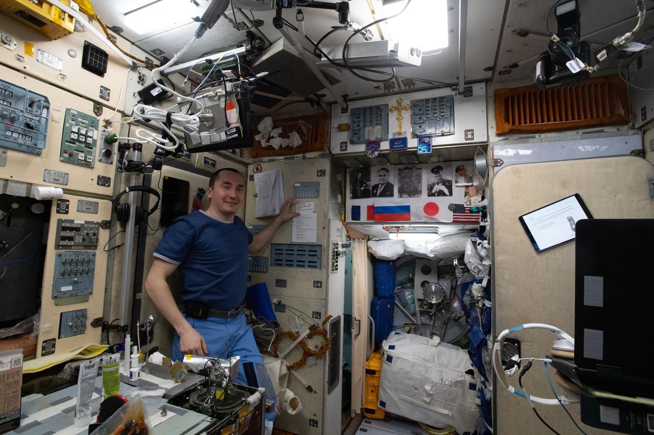 iss065e349552 (Sept. 4, 2021) --- Roscosmos cosmonaut and Expedition 65 Flight Engineer Pyotr Dubrov is in the Zvezda service module the day after a spacewalk that he and fellow cosmonaut Oleg Novitskiy conducted to begin configuring the Nauka multipurpose laboratory module for science operations