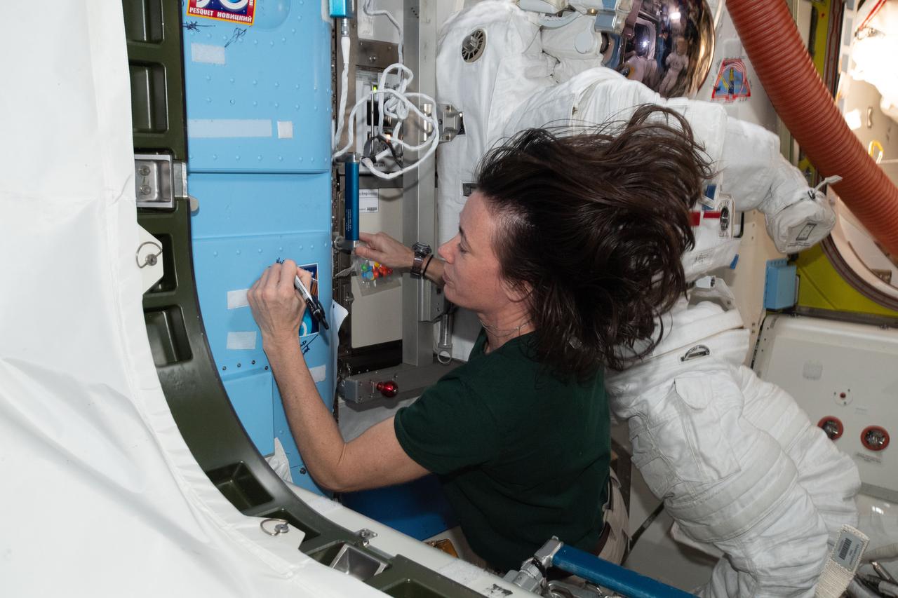 iss065e389558 (Sept. 17, 2021) --- NASA astronaut and Expedition 65 Flight Engineer Megan McArthur signs her name around the Expedition 65 mission insignia sticker affixed to the vestibule in between the Unity module and the Quest airlock.