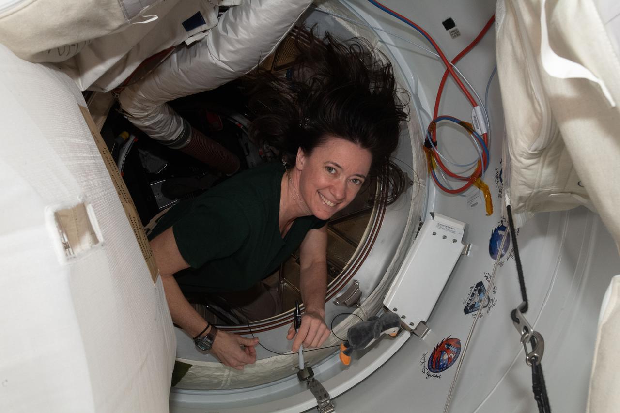 iss065e389596 (Sept. 17, 2021) --- NASA astronaut and Expedition 65 Flight Engineer Megan McArthur signs her name around the SpaceX Crew-2 mission insignia sticker affixed to the vestibule in between the Harmony module and its space-facing international docking adapter where the SpaceX Crew Dragon Endeavour is docked.