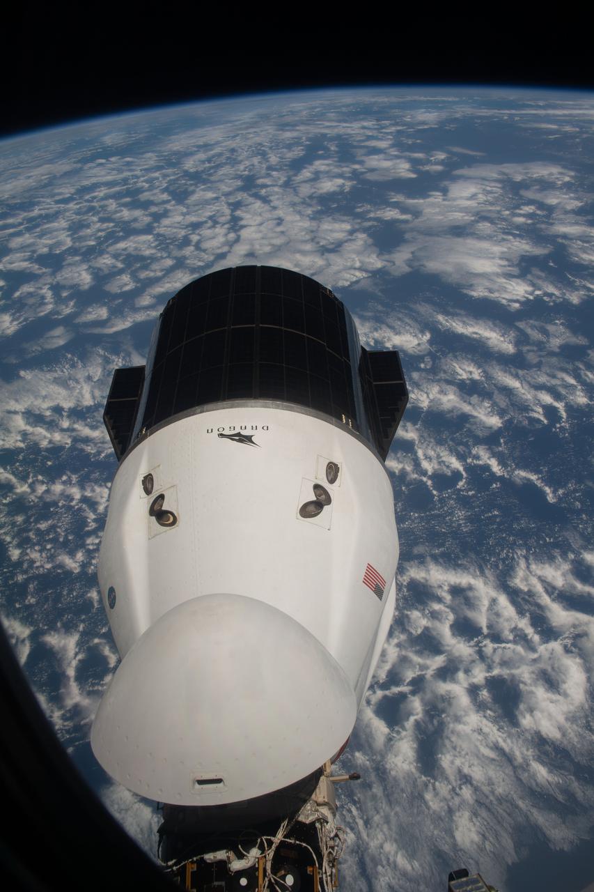 iss065e423588 (Sept. 26, 2021) --- The SpaceX Cargo Dragon resupply ship is pictured from a window on the SpaceX Crew Dragon spacecraft. Both spaceships are docked to international docking adapters on the International Space Station's Harmony module.