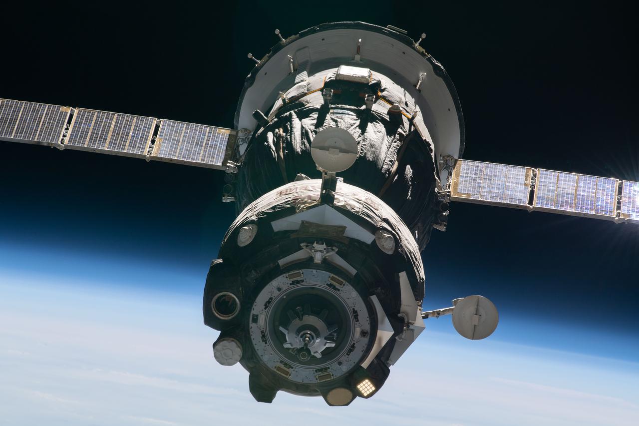 iss065e431662 (Sept. 28, 2021) --- The Soyuz MS-18 spacecraft carrying three Expedition 65 crewmates is pictured during its relocation maneuver from the Rassvet module to the Nauka multipurpose laboratory module.