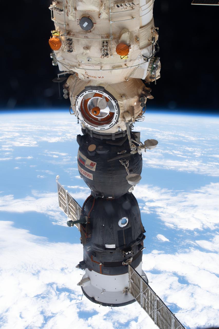 iss065e439837 (Oct. 2, 2021) --- The Soyuz MS-18 crew ship is docked to the Nauka multipurpose laboratory module in this photograph from the International Space Station as it orbited 260 miles above the Pacific Ocean off the coast of Mexico.