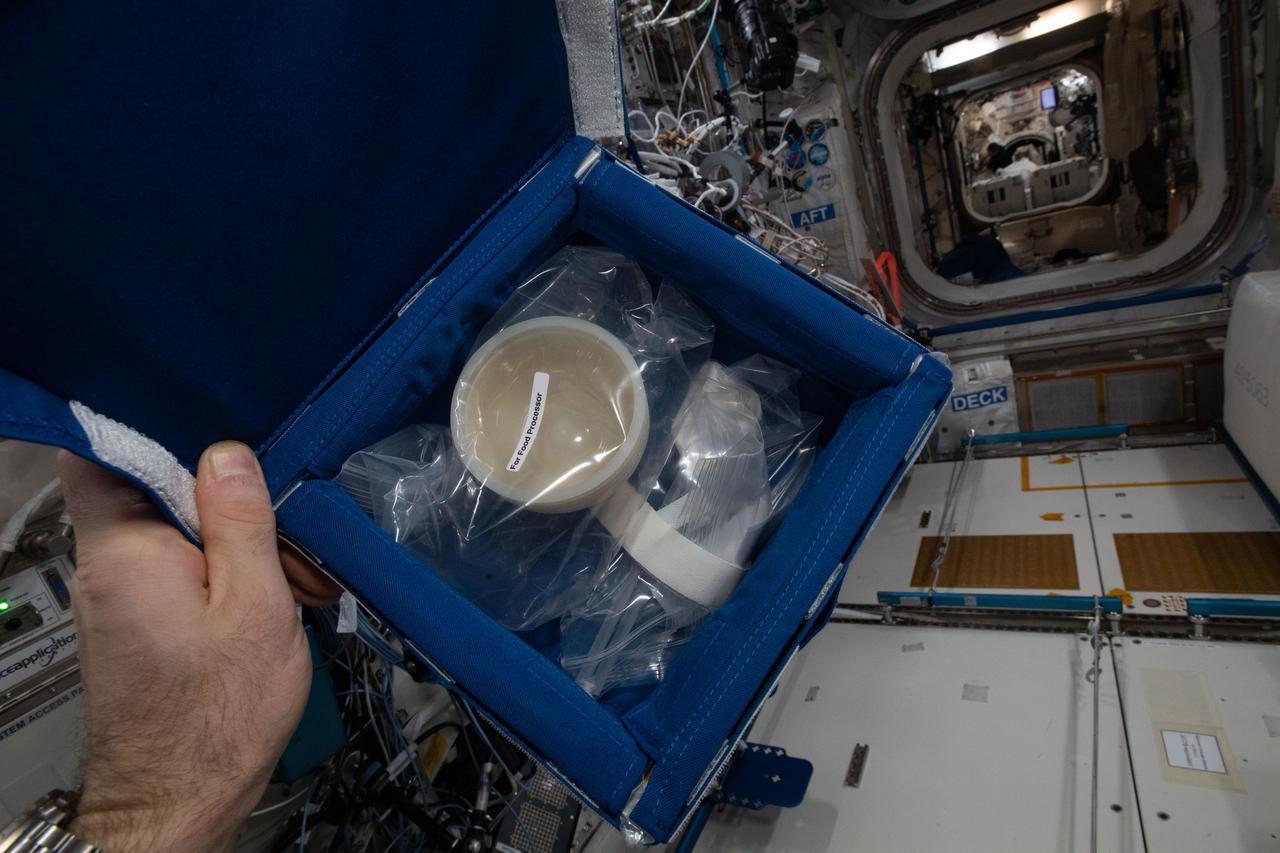 iss065e454910 (10/11/2021) --- A crewmember inspects the Edible Foam in the Food Processor Consumables Kit. Edible foam is made from PHA, a naturally occurring polymer synthesized by bacteria. It offers a high level of protection from isolated shocks and vibrations, which is particularly important during flights into space.