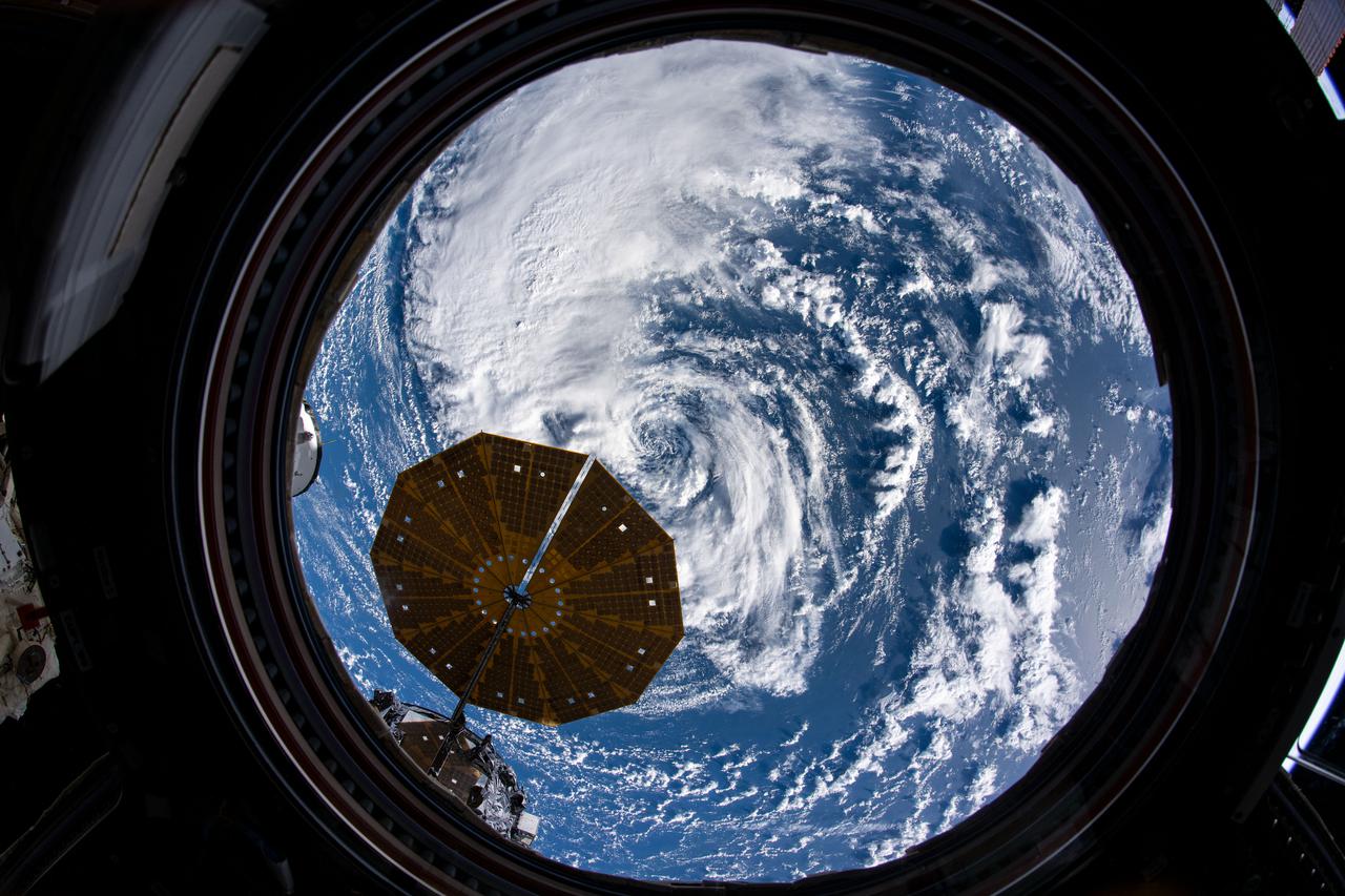 iss066e024147 (Nov. 2, 2021) --- Tropical storm Wanda is pictured from the main window of the seven-windowed cupola on the International Space Station as it orbited 261 miles above the north Atlantic Ocean. Depicted in the foreground is one of two cymbal-shaped UltraFlex solar arrays of the Northrop Grumman Cygnus space freighter.