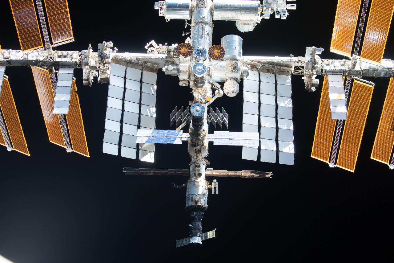 iss066e080300 (Nov. 8, 2021) --- The International Space Station is pictured from the SpaceX Crew Dragon Endeavour during a flyaround of the orbiting lab that took place following its undocking from the Harmony module’s space-facing port on Nov. 8, 2021.