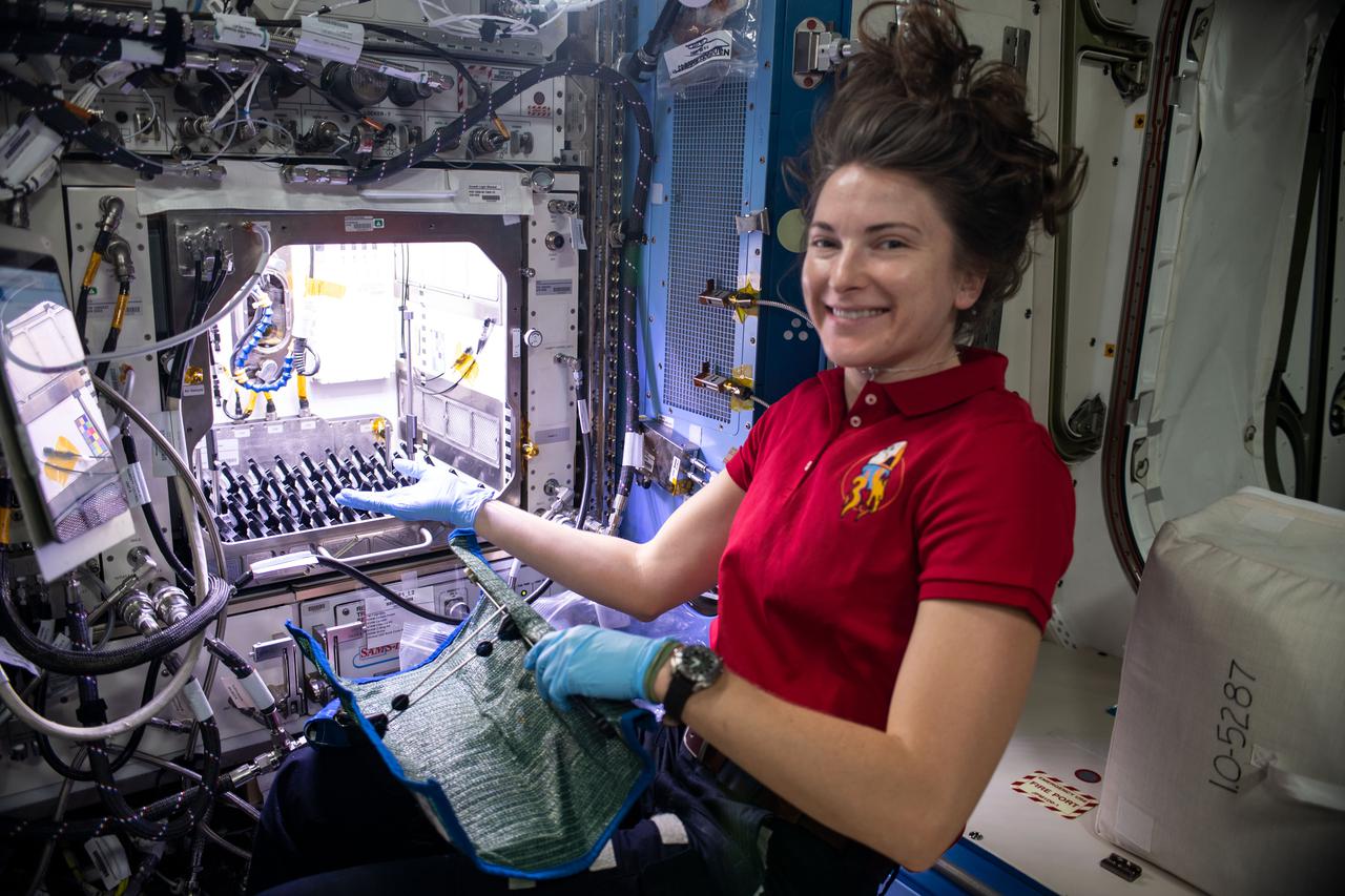iss066e096821 (Dec. 27, 2021) --- NASA astronaut and Expedition 66 Flight Engineer Kayla Barron sets up the Plant Habitat-05 Growth experiment that is studying cotton genetics in microgravity.