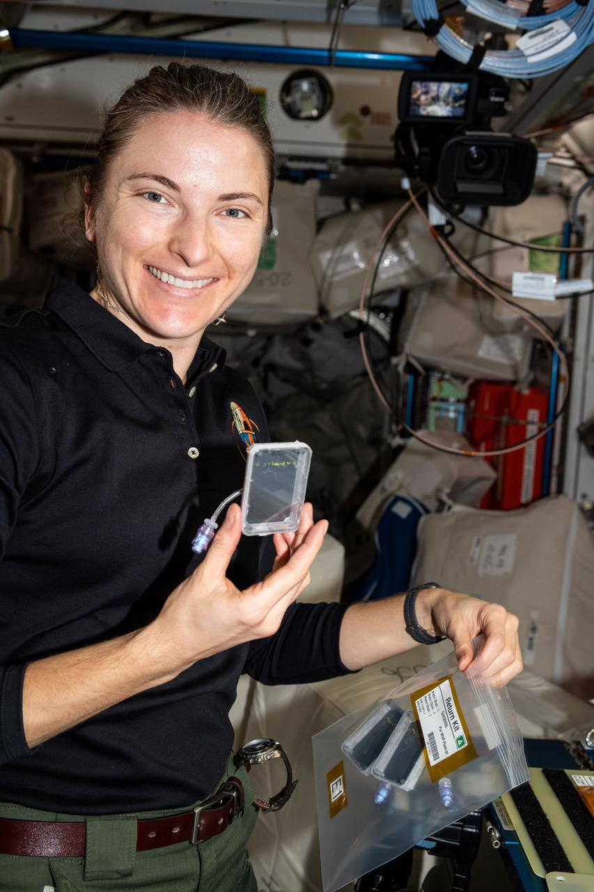 iss066e110792 (1/11/2022) --- NASA astronaut Kayla Barron conducts operations for the MVP-Plant-01 investigation aboard the International Space Station (ISS). Plant RNA Regulation Redux in Multi-use Variable-gravity Platform (MVP-Plant-01) profiles and monitors shoot and root development in plants in microgravity, in order to understand the molecular mechanisms and regulatory networks behind how plants sense and adapt to changes in their environment.