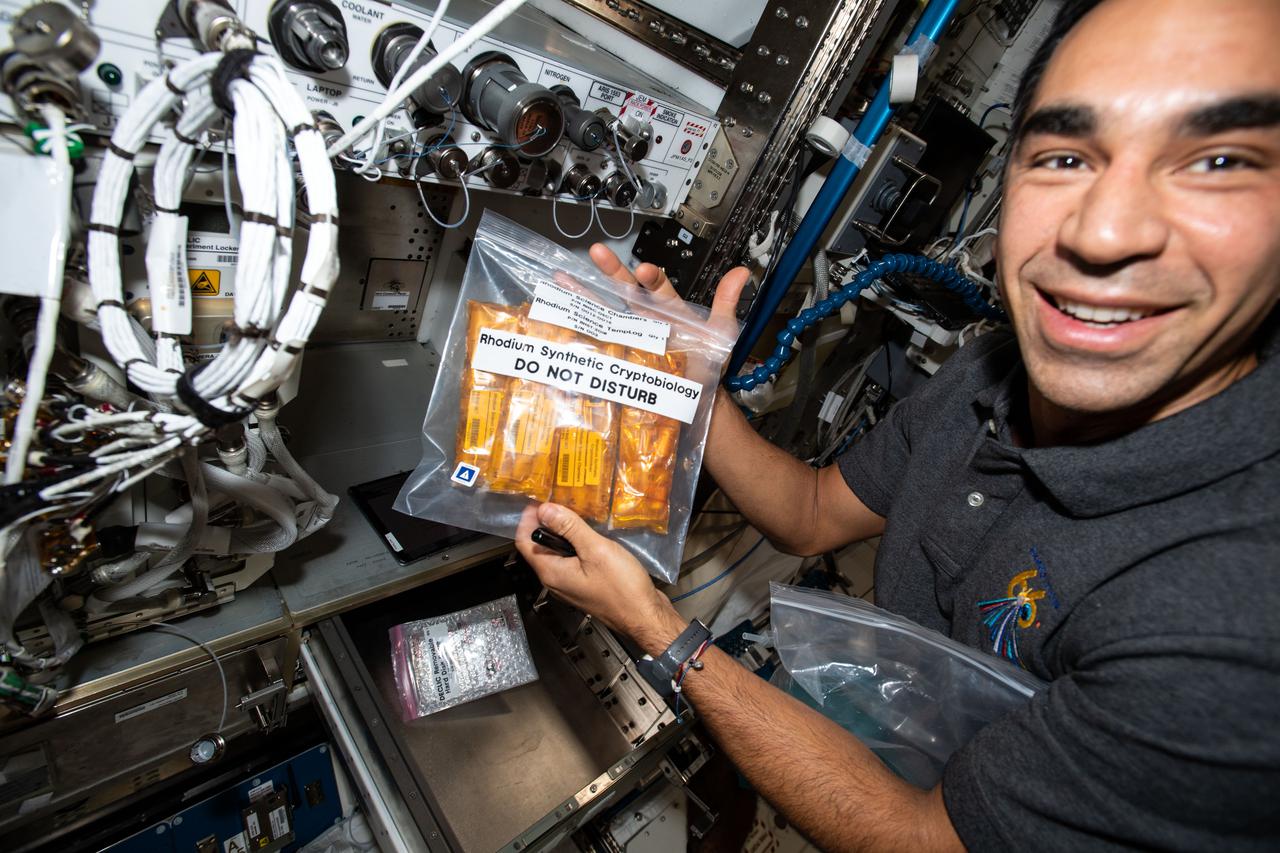iss066e123181 (Jan. 20, 2022) --- NASA astronaut and Expedition 66 Flight Engineer Raja Chari gathers items for the Rhodium Synthetic Cryptobiology experiment for packing inside the SpaceX Cargo Dragon resupply ship. Results from the biotechnology study could help create more rugged biological components and advance these technologies for use in space and in extreme environments on Earth.