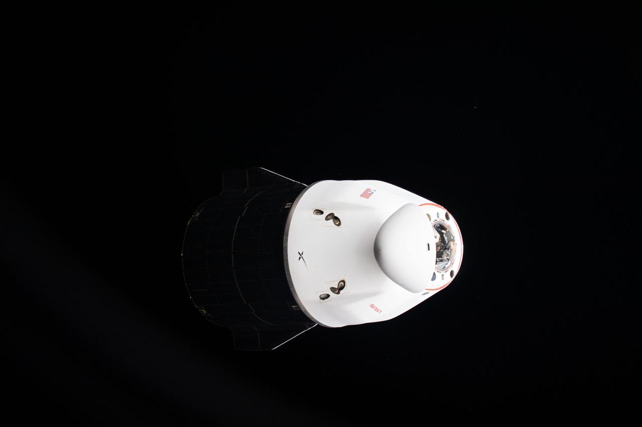 iss066e125299 (Jan. 23, 2022) --- The bright, white pressurized capsule of the SpaceX Cargo Dragon resupply ship with its nose cone open nearly obscures its dark solar panel-covered, unpressurized trunk as the vehicle departs the International Space Station.