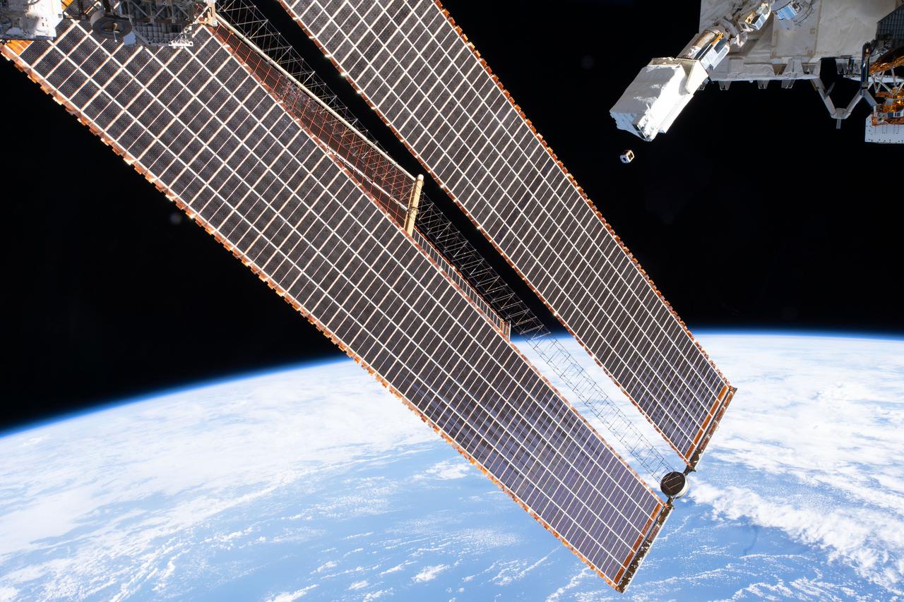 iss066e135308 (2/3/2022) --- A view of the deployed GT-1 CubeSat. The Georgia Institute of Technology-1 (GT-1) is a 1.14 kg 1-Unit (1U) CubeSat, developed by the Georgia Institute of Technology, with experimental deployable solar panels and a deployable UHF radio antenna. The GT-1 mission demonstrates a rapid “cradle-to-grave” development lifecycle of a university level CubeSat. GT-1 is deployed as a part of the JEM Small Satellite Orbital Deployer-20 (J-SSOD-20) CubeSat deployment mission, and is launched to the International Space Station (ISS) aboard the SpaceX-24 Dragon Cargo Vehicle.