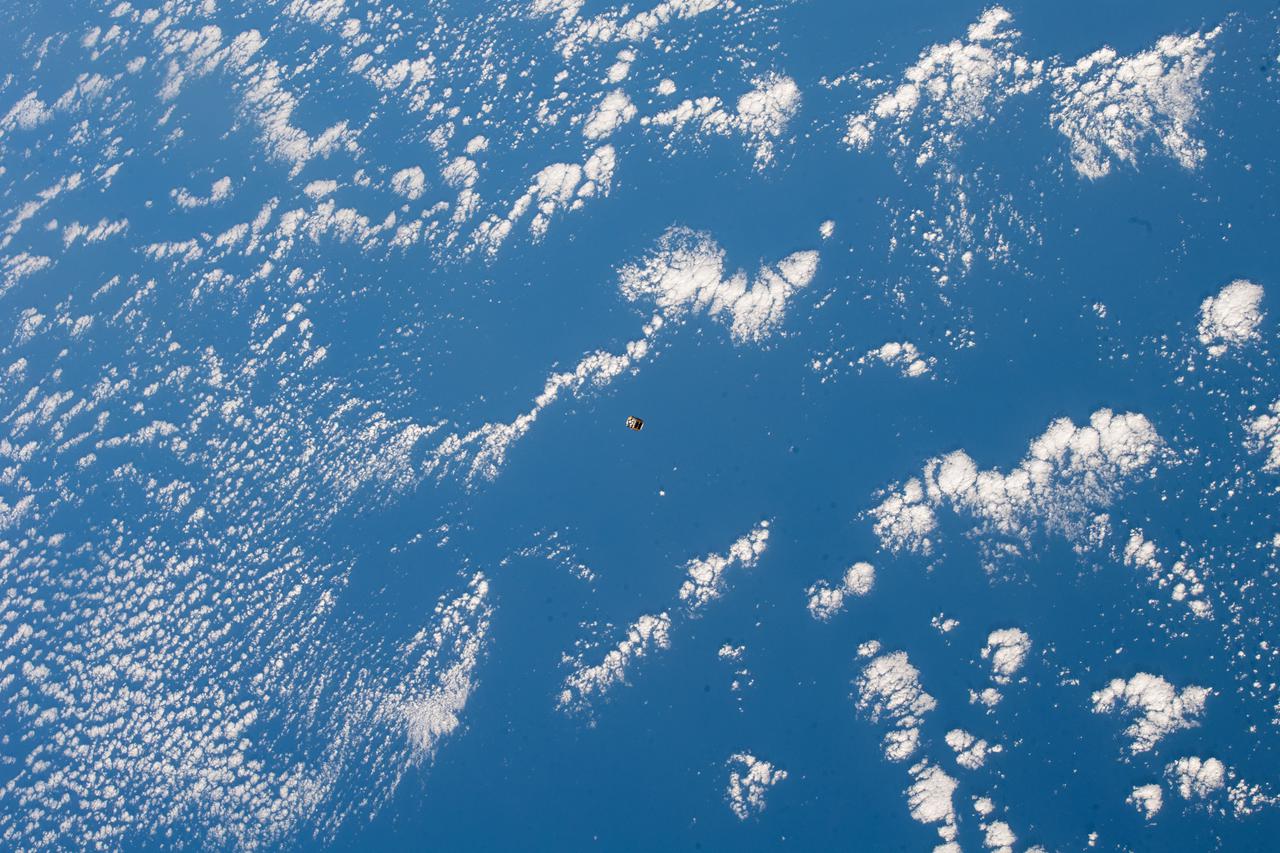 iss066e135744 (2/3/2022) --- A view of the deployed GT-1 CubeSat. The Georgia Institute of Technology-1 (GT-1) is a 1.14 kg 1-Unit (1U) CubeSat, developed by the Georgia Institute of Technology, with experimental deployable solar panels and a deployable UHF radio antenna. The GT-1 mission demonstrates a rapid “cradle-to-grave” development lifecycle of a university level CubeSat. GT-1 is deployed as a part of the JEM Small Satellite Orbital Deployer-20 (J-SSOD-20) CubeSat deployment mission, and is launched to the International Space Station (ISS) aboard the SpaceX-24 Dragon Cargo Vehicle.