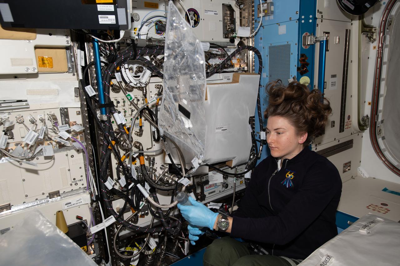 iss066e137017 (Feb. 7, 2022) --- NASA astronaut and Expedition 66 Flight Engineer Kayla Barron refills water and cleans the Plant Habitat Facility that supports space botany research inside the International Space Station's Kibo laboratory module.