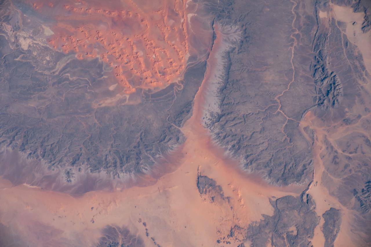 iss066e137375 (Feb. 7, 2022) ---  A portion of the Sahara Desert in Algeria, with sand dunes, rocky platforms and sandstone plateaus, is pictured from the International Space Station as it orbited 259 miles above the African nation.