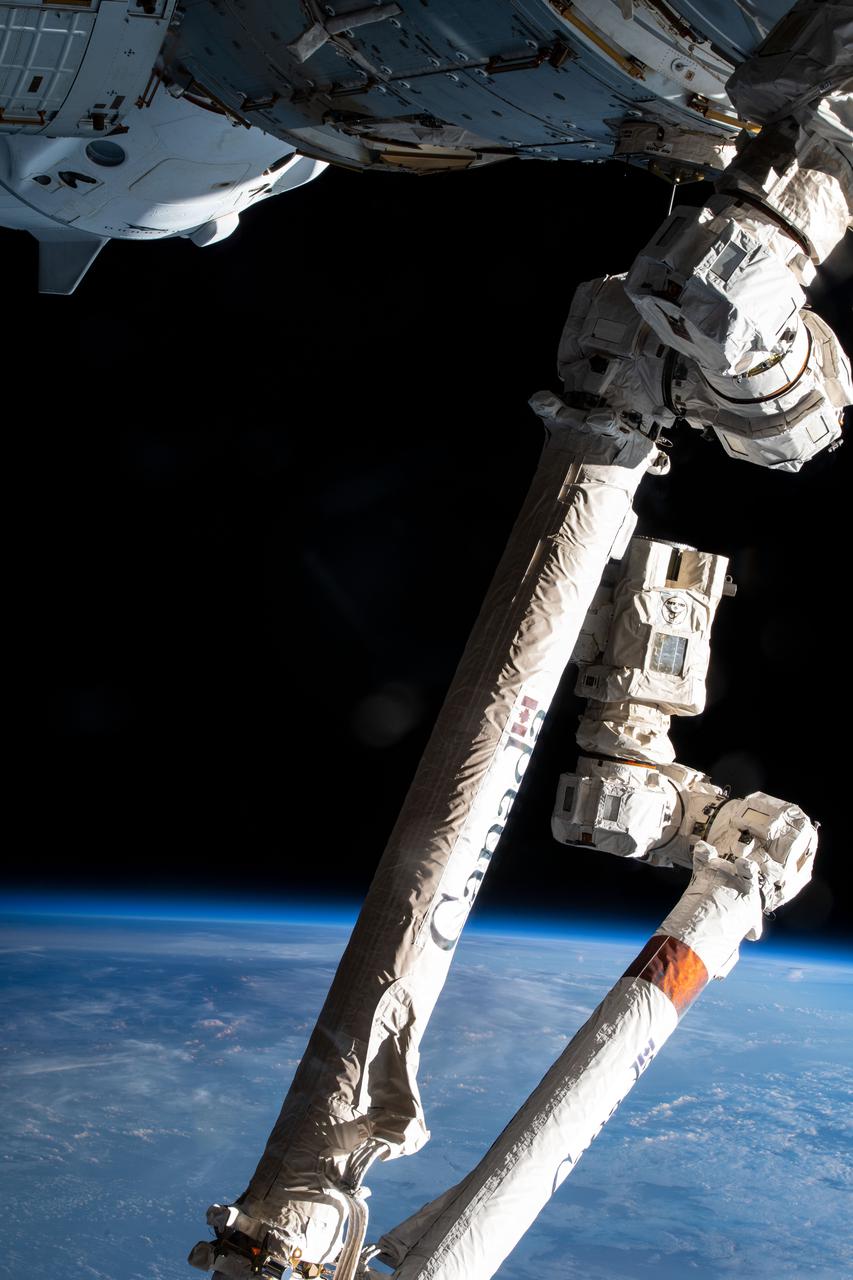 iss066e140062 (Feb. 10, 2022) --- The 57.7-foot-long Canadarm2 robotic arm and the SpaceX Crew Dragon Endeavour (top left) are pictured as the International Space Station orbited 258 miles above southeast Asia.