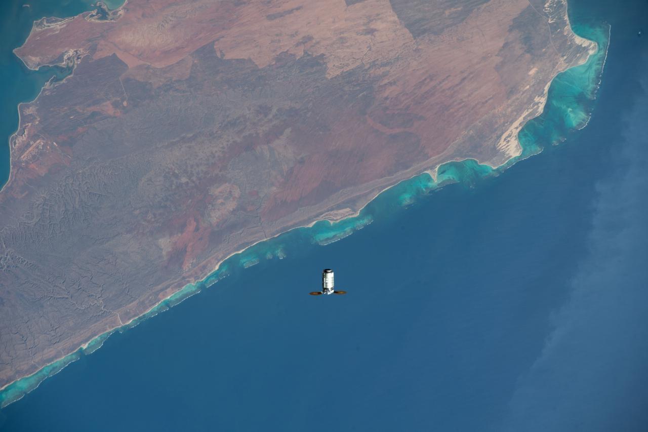iss066e147492 (Feb. 21, 2022) --- Northrop Grumman's Cygnus space freighter is pictured approaching the International Space Station as both spacecraft orbited 262 miles above Cape Range National Park in Western Australai on the Indian Ocean coast. This is Northrop Grumman’s 17th contracted resupply mission under the second Commercial Resupply Services contract with NASA.