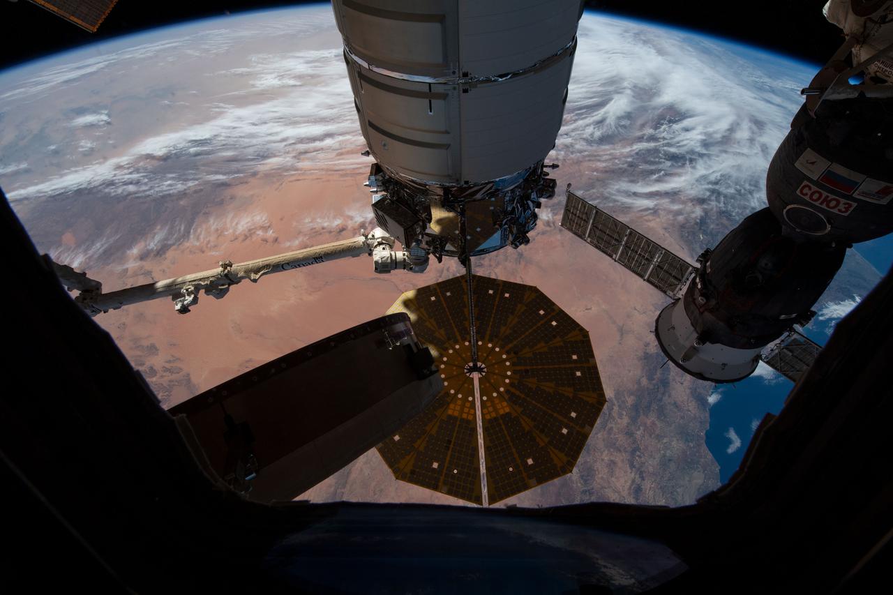 iss066e152046 (Feb. 22, 2022) --- Northrop Grumman's Cygnus space freighter, still in the grip of the Canadarm2 robotic arm, is pictured after its capture and installation to the International Space Station's Unity module. At right, is the Soyuz MS-19 crew ship docked to the Rassvet module.