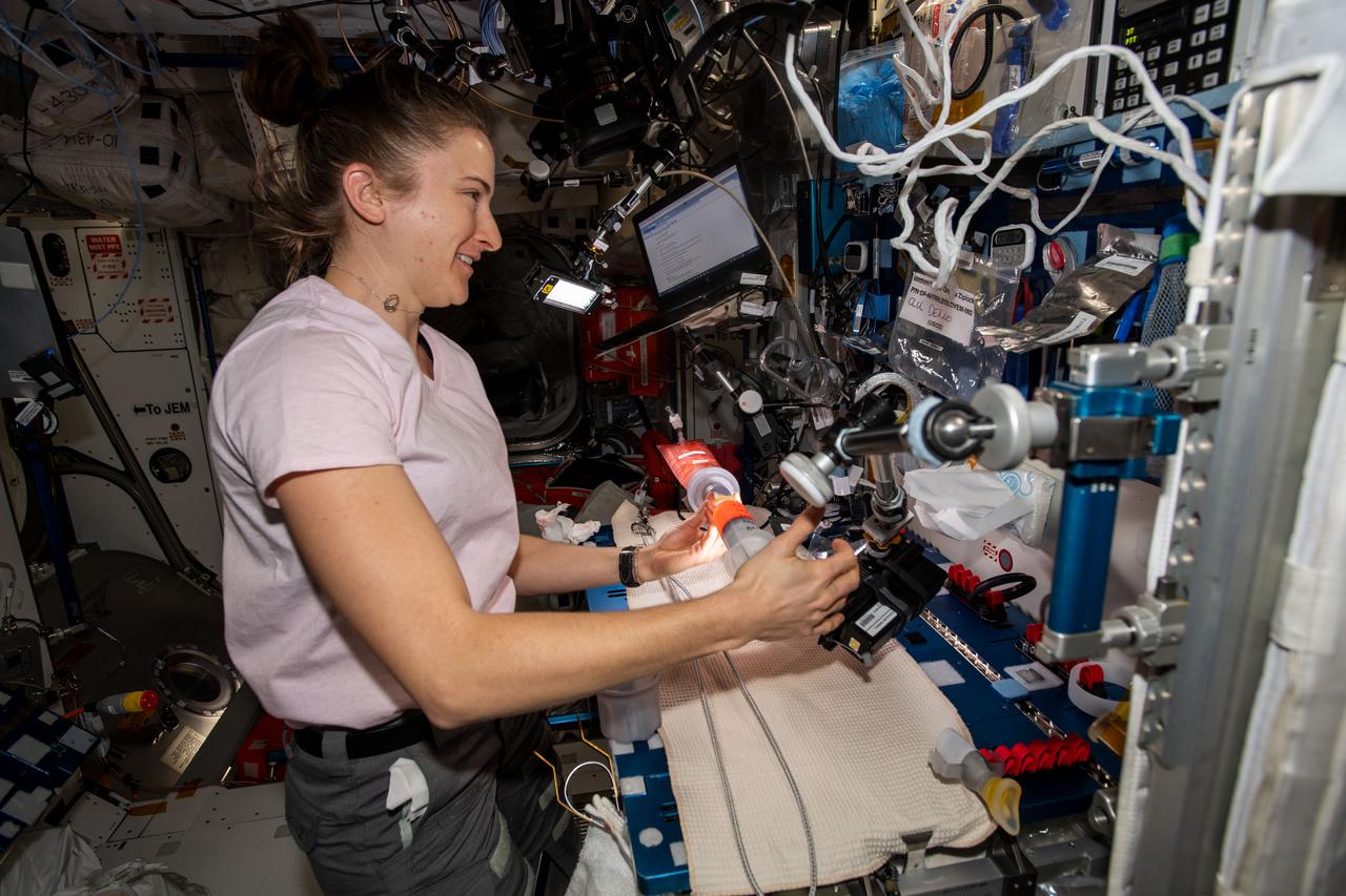 iss066e155429 (March 1, 2022) --- NASA astronaut and Expedition 66 Flight Engineer Kayla Barron conducts an orbital plumbing demonstration aboard the International Space Station's Harmony module. The technology demonstration is observing fill and drain cycles on two different Collapsible Contingency Urinal designs.