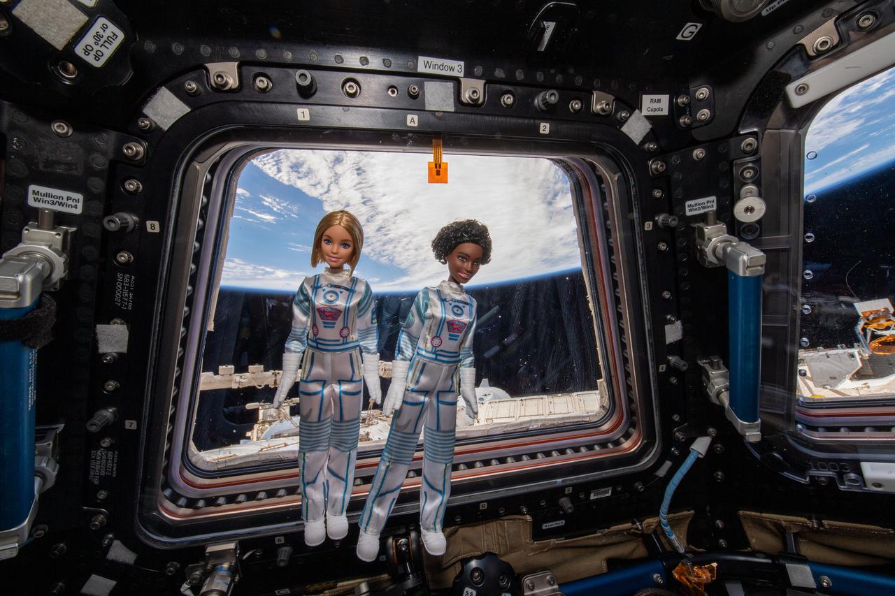 iss066e155927 (3/1/2022) ---  DreamStar dolls float in front of the International Space Station’s cupola window. The DreamStar science, technology, engineering, and mathematics (STEM) education project creates videos and educational materials highlighting women in space and reinforcing the message, “if you can see it, you can be it.”
