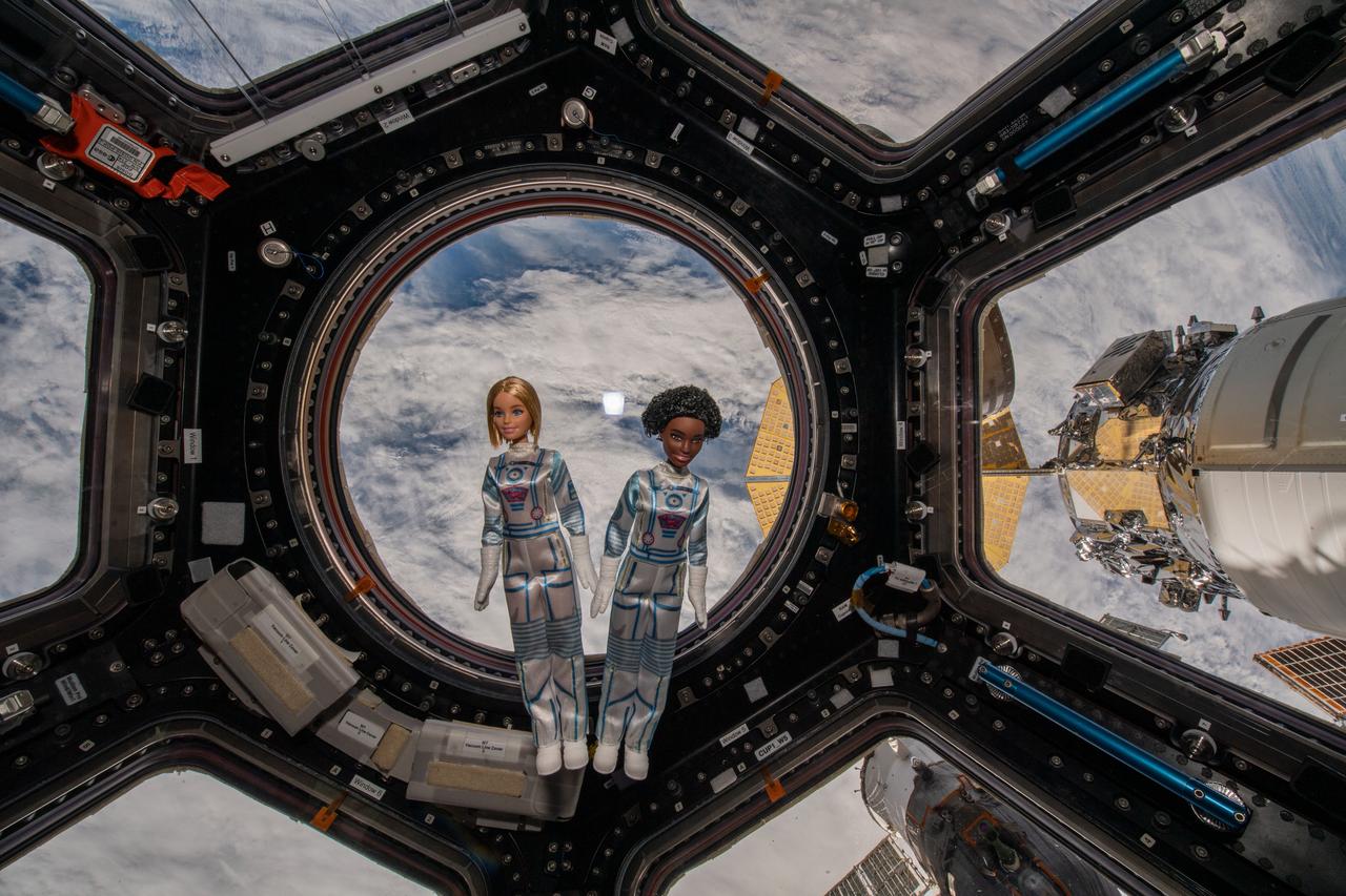 iss066e155976 (3/1/2022) --- DreamStar dolls float in front of the International Space Station’s cupola window. The DreamStar science, technology, engineering, and mathematics (STEM) education project creates videos and educational materials highlighting women in space and reinforcing the message, “if you can see it, you can be it.”