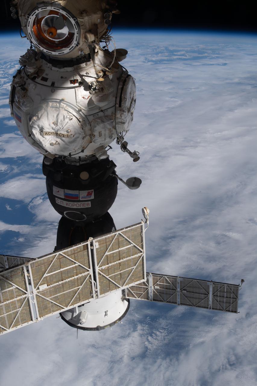 iss066e173447 (March 19, 2022) --- The Soyuz MS-21 crew ship is pictured the day after docking to the Prichal module carrying three new crew Expedition 66 members to the International Space Station. Soyuz Commander and veteran cosmonaut Oleg Artemyev led first time space flyers Sergey Korsakov and Denis Matveev during the three-hour and 17-minute trip that began with a launch from the Baikonur Cosmodrome in Kazakhstan.