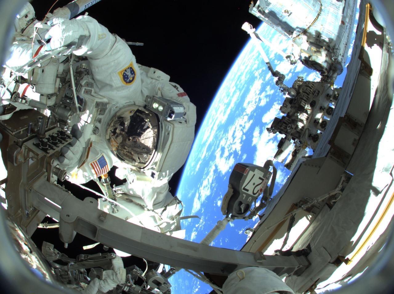 iss066e188276 (April 4, 20222) --- NASA astronaut and Expedition 66 Flight Engineer Raja Chari is pictured during a six-hour and 54-minute spacewalk to install thermal gear and electronic components on the International Space Station.