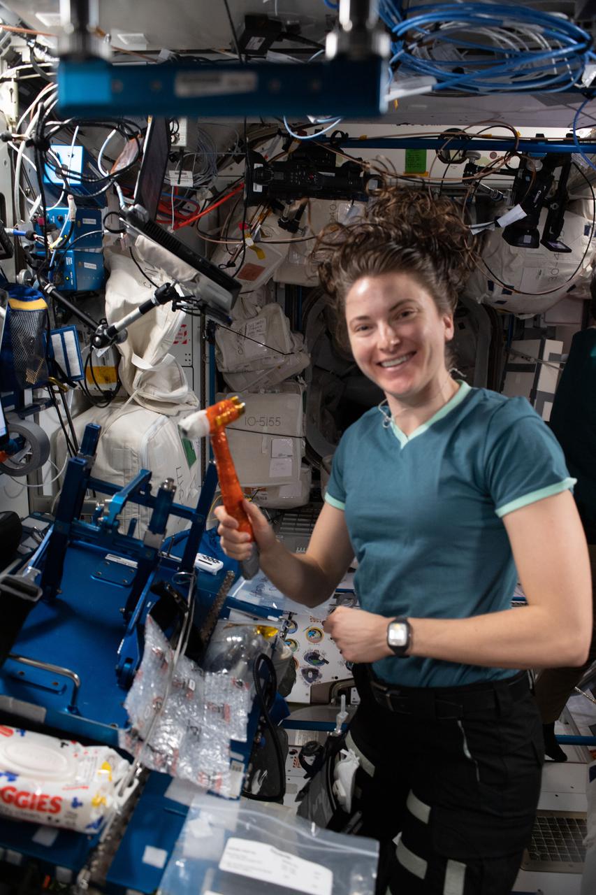 iss067e011316 (April 12, 2022) --- NASA astronaut and Expedition 67 Flight Engineer Kayla Barron is pictured during maintenance activities aboard the International Space Station.