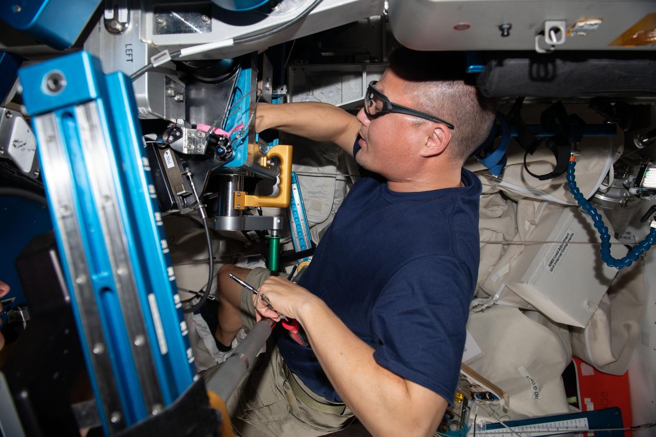 iss067e120161 (June 8, 2022) --- Expedition 67 Flight Engineer and NASA astronaut Kjell Lindgren replaces components on the advanced resistive exercise device (ARED) located inside the International Space Station's Tranquility module. The ARED mimics the inertial forces generated when lifting free weights on Earth allowing astronauts to maintain muscle strength and mass during long-term space missions.