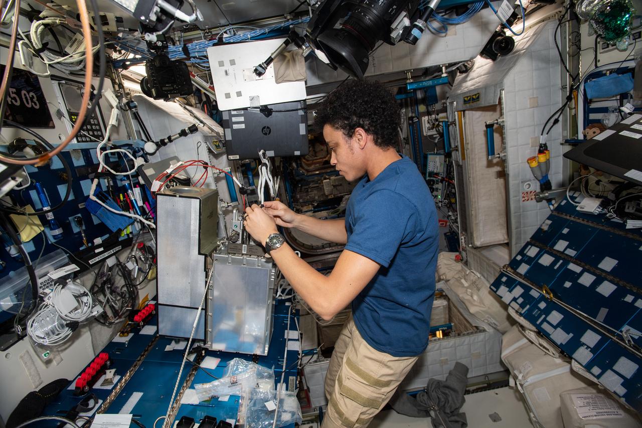 iss067e175853 (July 7, 2022) --- Expedition 67 Flight Engineer and NASA astronaut Jessica Watkins works on electrical system components inside the International Space Station's Harmony module.