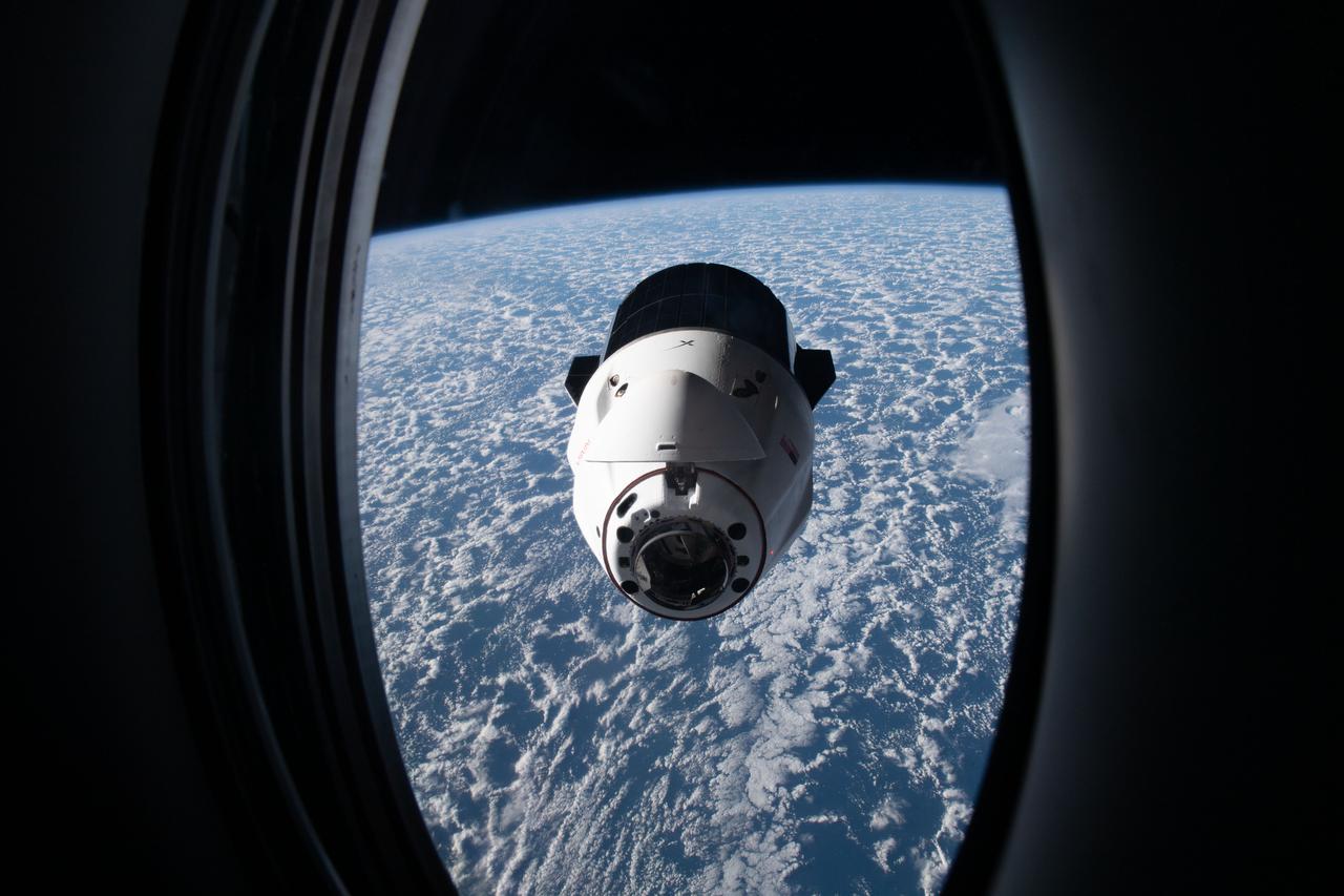 iss067e188939 (July 16, 2022) --- The SpaceX Dragon resupply ship carrying over 5,800 pounds of new science experiments and crew supplies, pictured from a window on the SpaceX Dragon Freedom crew ship, approaches the International Space Station above the south Atlantic Ocean.