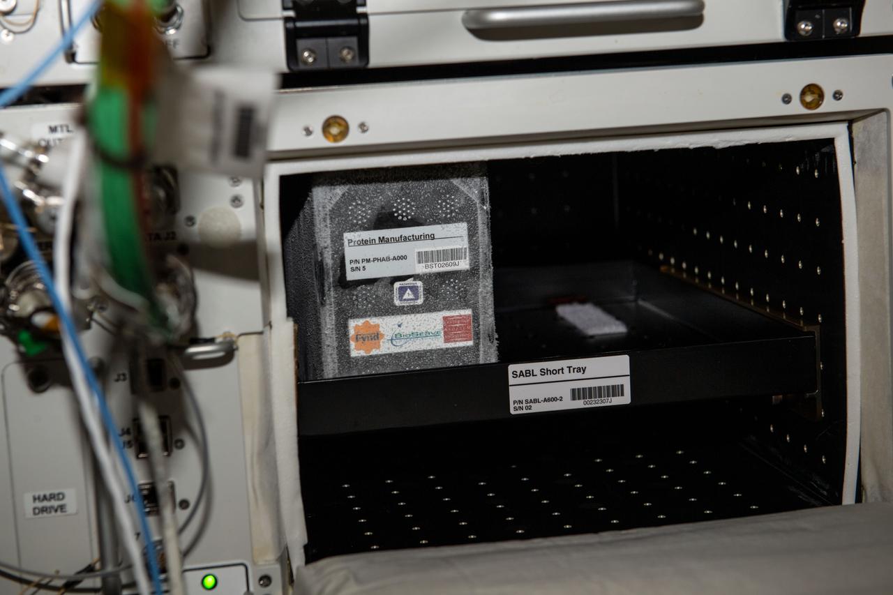 iss067e191207 (7/22/2022) --- A view of the of a Plate Habitat (PHAB) at -20°C after insertion into the SABL incubator aboard the International Space Station (ISS). The goal of the Protein Manufacturing project is to demonstrate the use of a novel bioreactor technology for growing high-protein food on the International Space Station (ISS).
